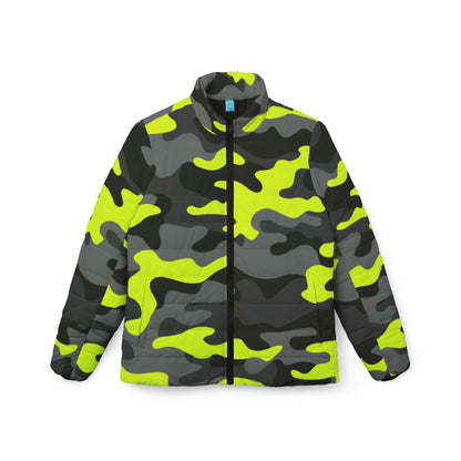 Women’s Camo Puffer Jacket | Black, Gray & Yellow Camouflage