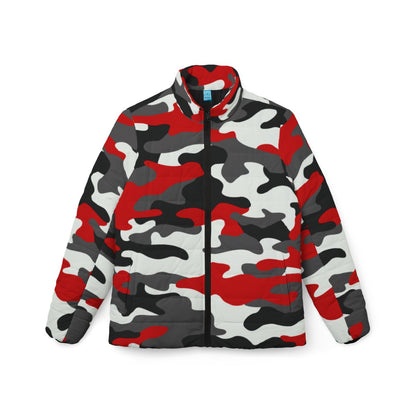 Women’s Camo Puffer Jacket | Red, Black & White Camouflage