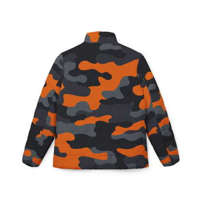 Women’s Camo Puffer Jacket | Orange, Gray & Black Camouflage