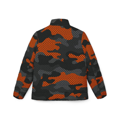 Women’s Camo Puffer Jacket | Black & Orange Pixel Camouflage