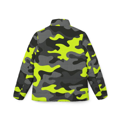 Women’s Camo Puffer Jacket | Black, Gray & Yellow Camouflage