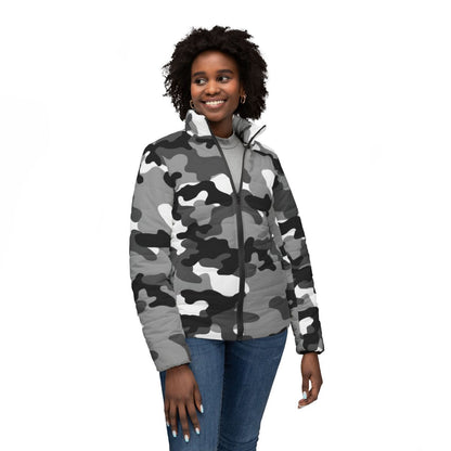 Women’s Camo Puffer Jacket | Black, White & Gray Camouflage