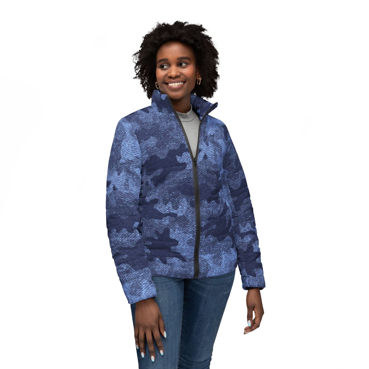 Women’s Camo Puffer Jacket | Denim Blue Camouflage