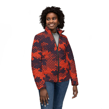 Women’s Camo Puffer Jacket | Orange & Blue Digital Camouflage