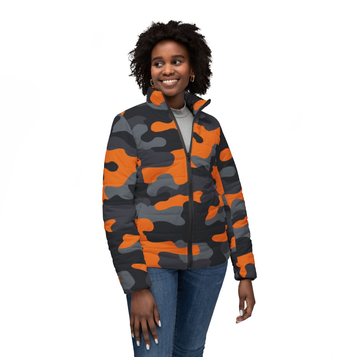 Women’s Camo Puffer Jacket | Orange, Gray & Black Camouflage