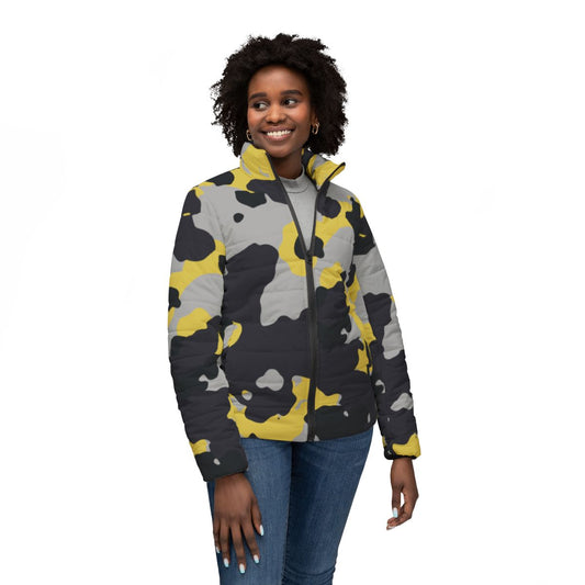 Women’s Camo Puffer Jacket | Yellow, Black & Silver