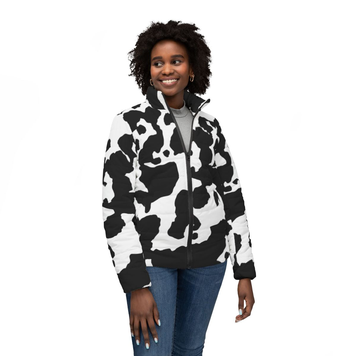 Women’s Camo Puffer Jacket | Black & White Cow