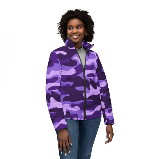 Women’s Camo Puffer Jacket | Purple, Blue & Mauve Camouflage