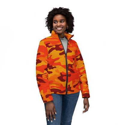 Women’s Camo Puffer Jacket | Orange & Red Camouflage