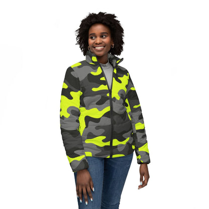 Women’s Camo Puffer Jacket | Black, Gray & Yellow Camouflage