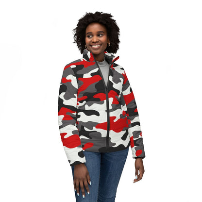 Women’s Camo Puffer Jacket | Red, Black & White Camouflage