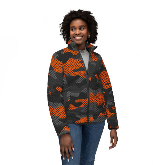 Women’s Camo Puffer Jacket | Black & Orange Pixel Camouflage