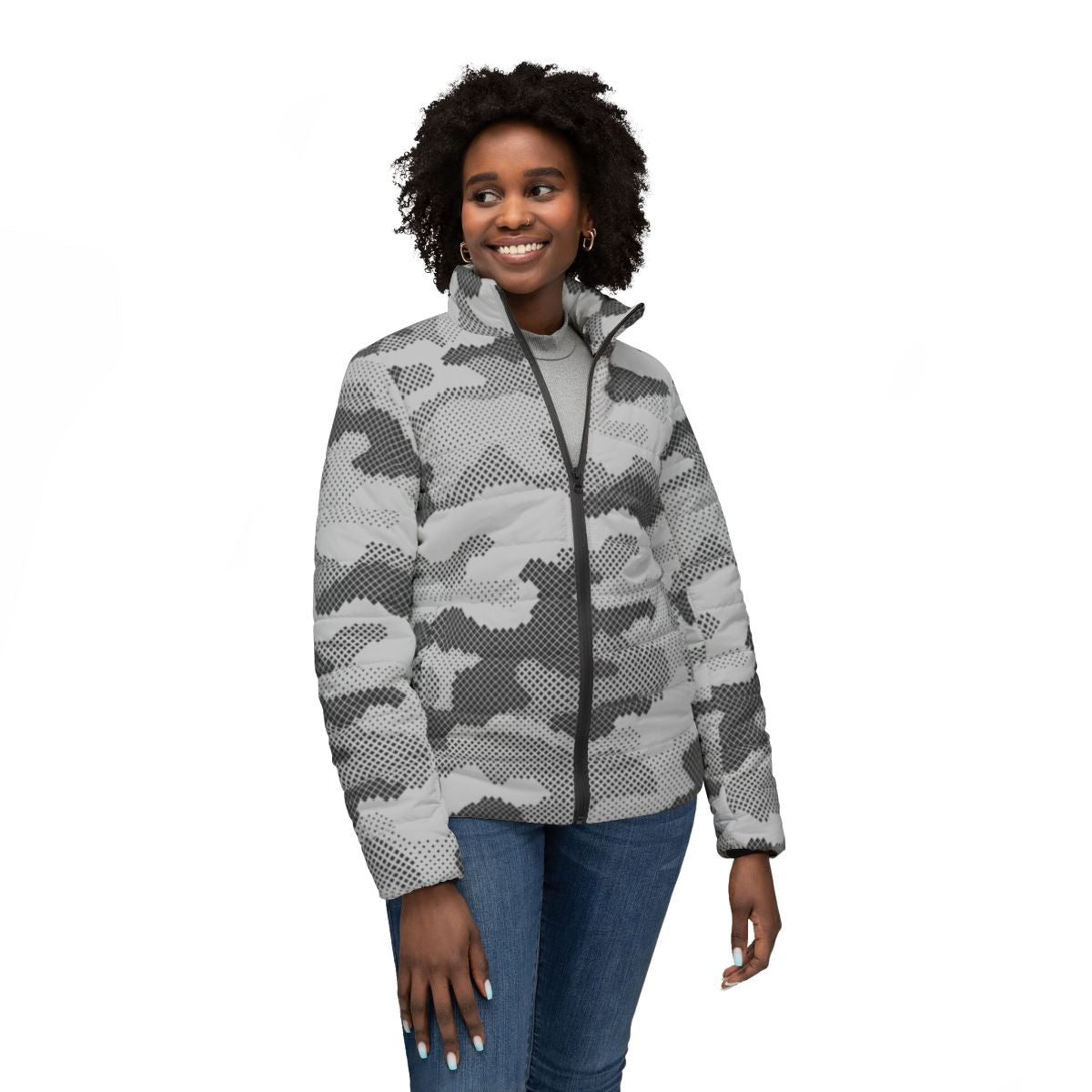 Women’s Camo Puffer Jacket | Black & White Dotted Camouflage