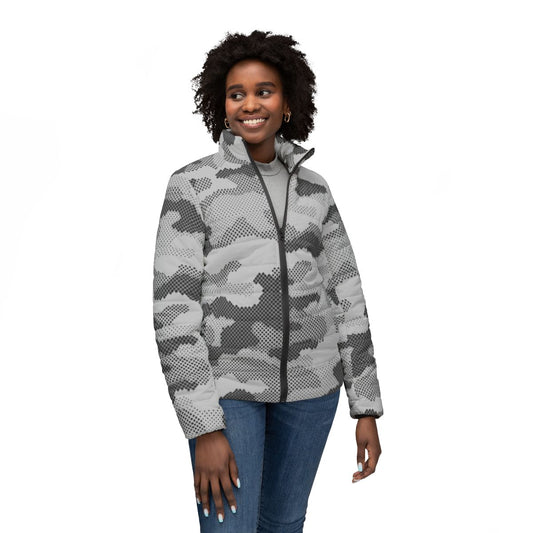 Women’s Camo Puffer Jacket | Black & White Dotted Camouflage