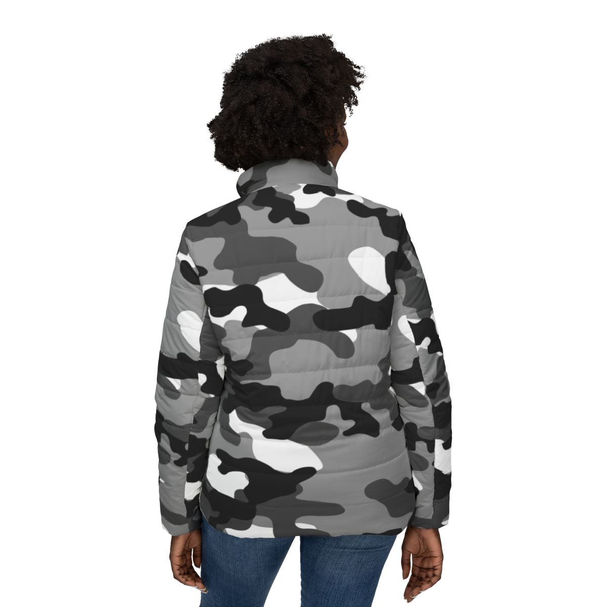 Women’s Camo Puffer Jacket | Black, White & Gray Camouflage