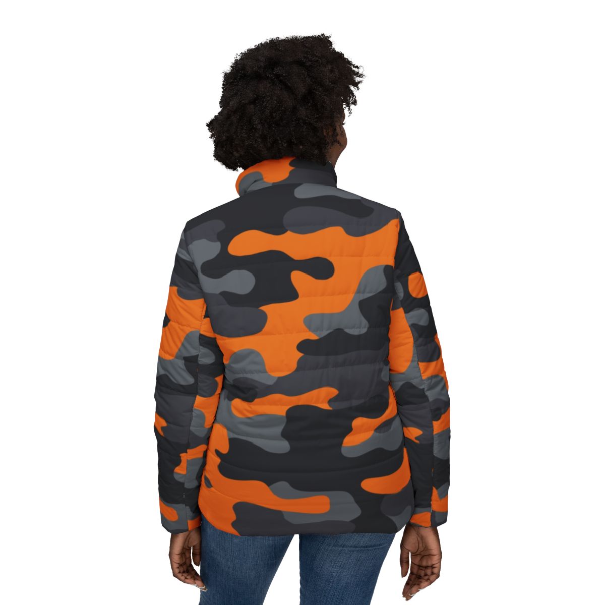 Women’s Camo Puffer Jacket | Orange, Gray & Black Camouflage