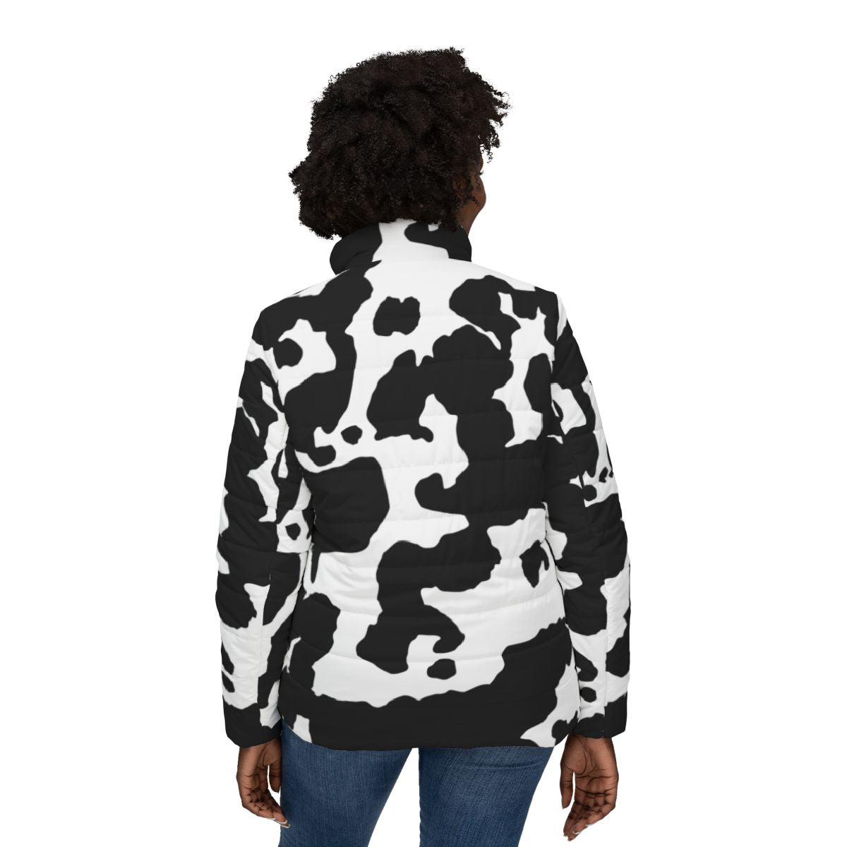 Women’s Camo Puffer Jacket | Black & White Cow