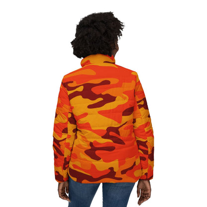 Women’s Camo Puffer Jacket | Orange & Red Camouflage