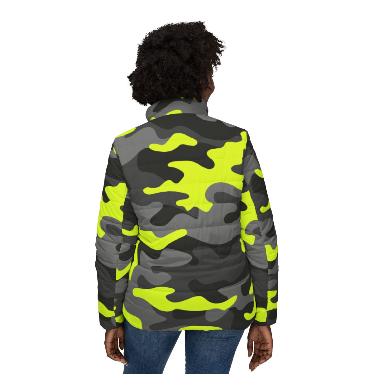 Women’s Camo Puffer Jacket | Black, Gray & Yellow Camouflage