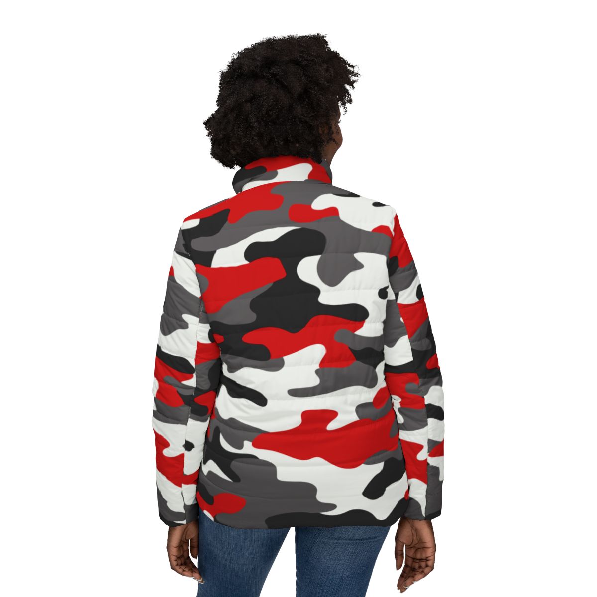 Women’s Camo Puffer Jacket | Red, Black & White Camouflage