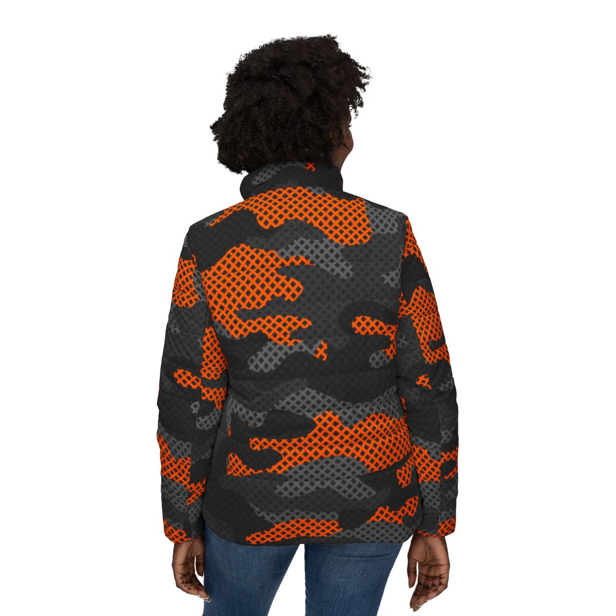 Women’s Camo Puffer Jacket | Black & Orange Pixel Camouflage