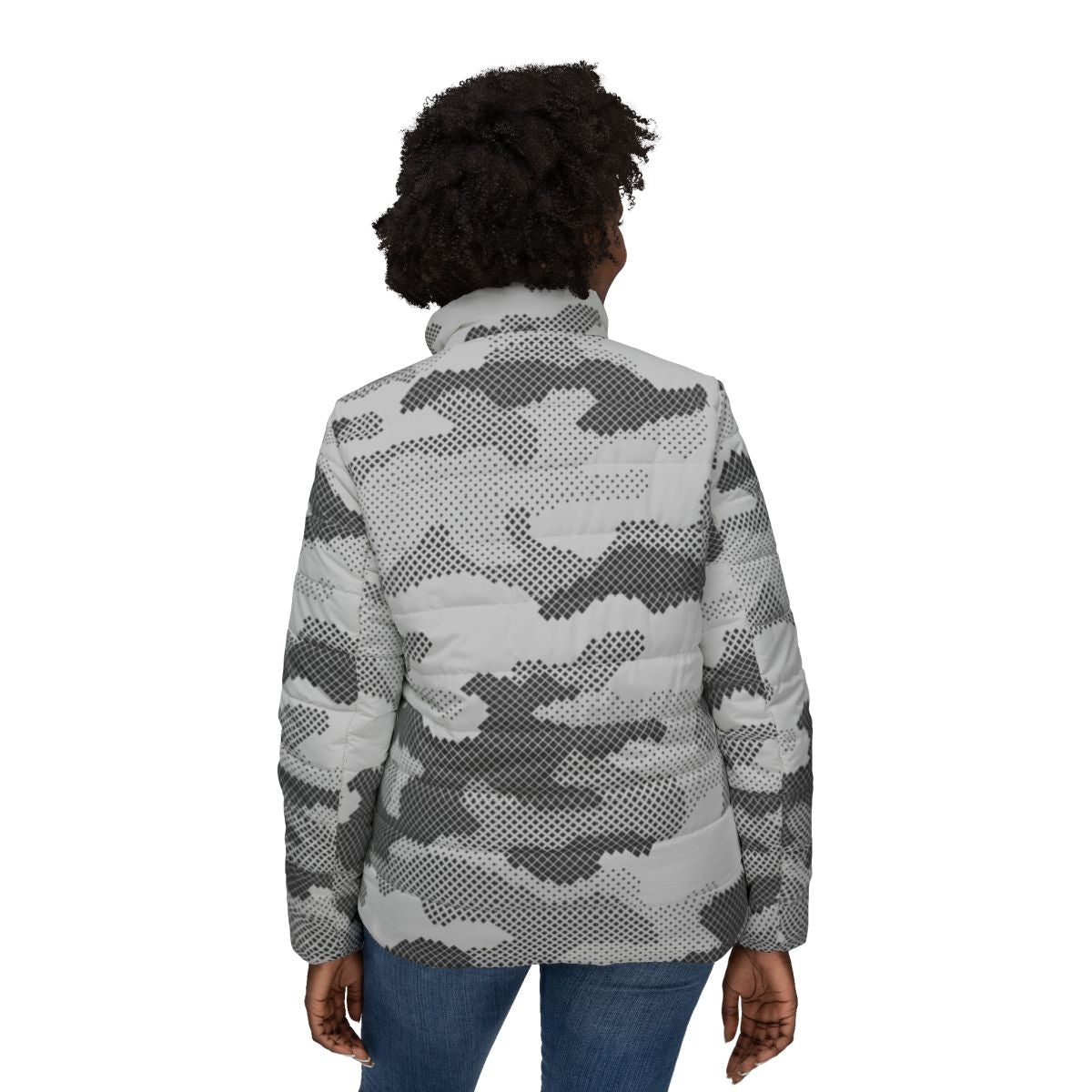 Women’s Camo Puffer Jacket | Black & White Dotted Camouflage