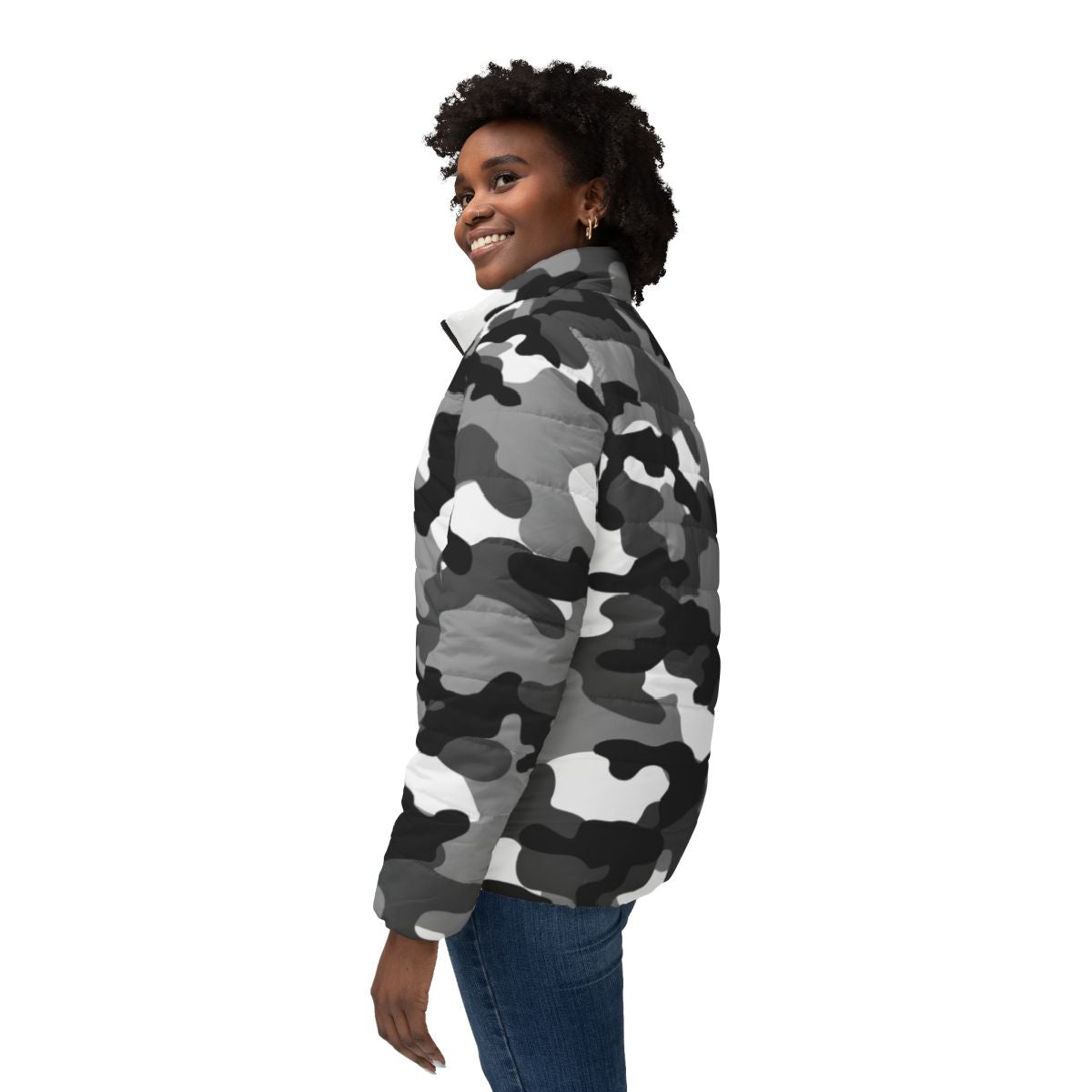 Women’s Camo Puffer Jacket | Black, White & Gray Camouflage