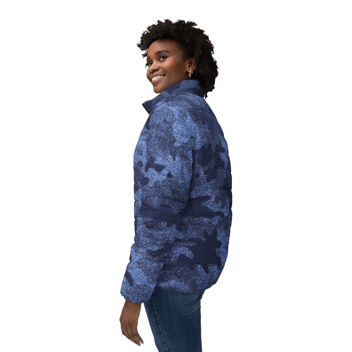 Women’s Camo Puffer Jacket | Denim Blue Camouflage