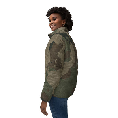 Women’s Camo Puffer Jacket | Dirty Old Brown Camouflage