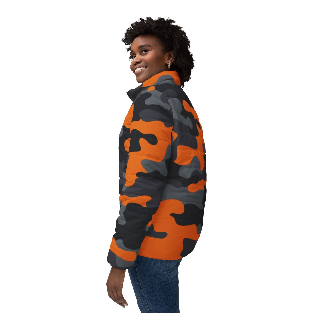 Women’s Camo Puffer Jacket | Orange, Gray & Black Camouflage