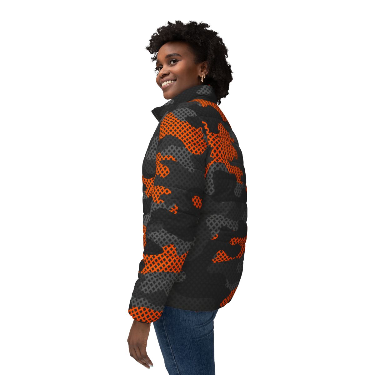 Women’s Camo Puffer Jacket | Black & Orange Pixel Camouflage