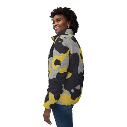 Women’s Camo Puffer Jacket | Yellow, Black & Silver