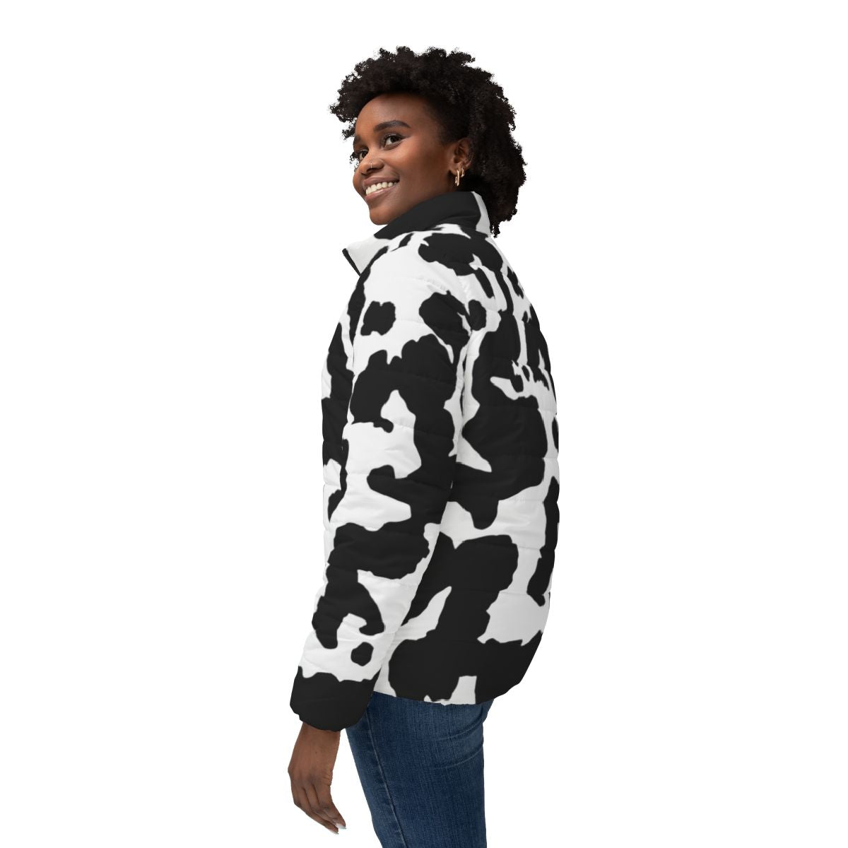 Women’s Camo Puffer Jacket | Black & White Cow