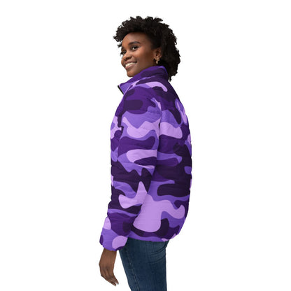 Women’s Camo Puffer Jacket | Purple, Blue & Mauve Camouflage