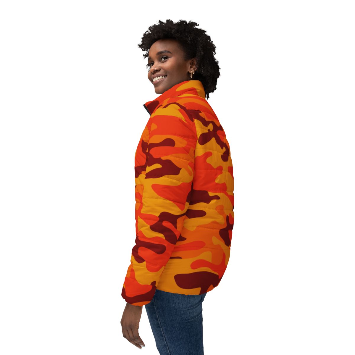 Women’s Camo Puffer Jacket | Orange & Red Camouflage