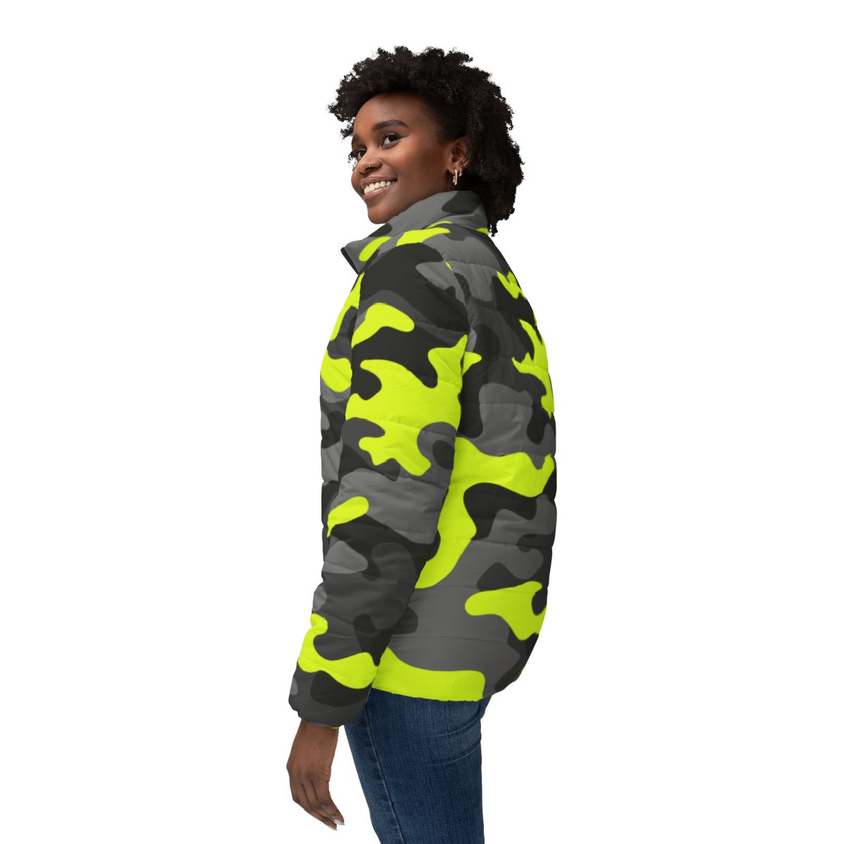 Women’s Camo Puffer Jacket | Black, Gray & Yellow Camouflage