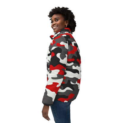 Women’s Camo Puffer Jacket | Red, Black & White Camouflage