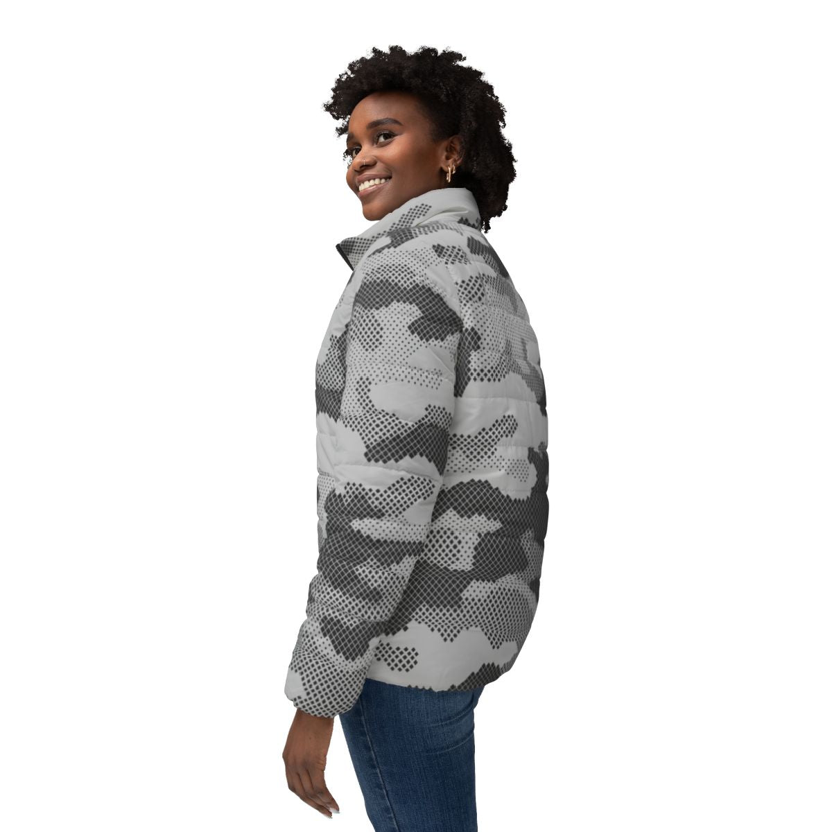 Women’s Camo Puffer Jacket | Black & White Dotted Camouflage