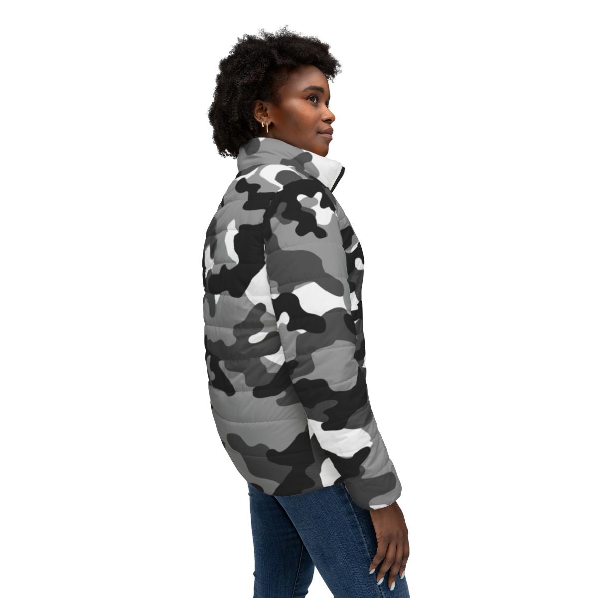 Women’s Camo Puffer Jacket | Black, White & Gray Camouflage