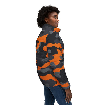 Women’s Camo Puffer Jacket | Orange, Gray & Black Camouflage