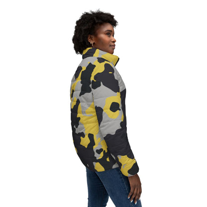 Women’s Camo Puffer Jacket | Yellow, Black & Silver