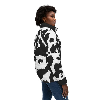 Women’s Camo Puffer Jacket | Black & White Cow