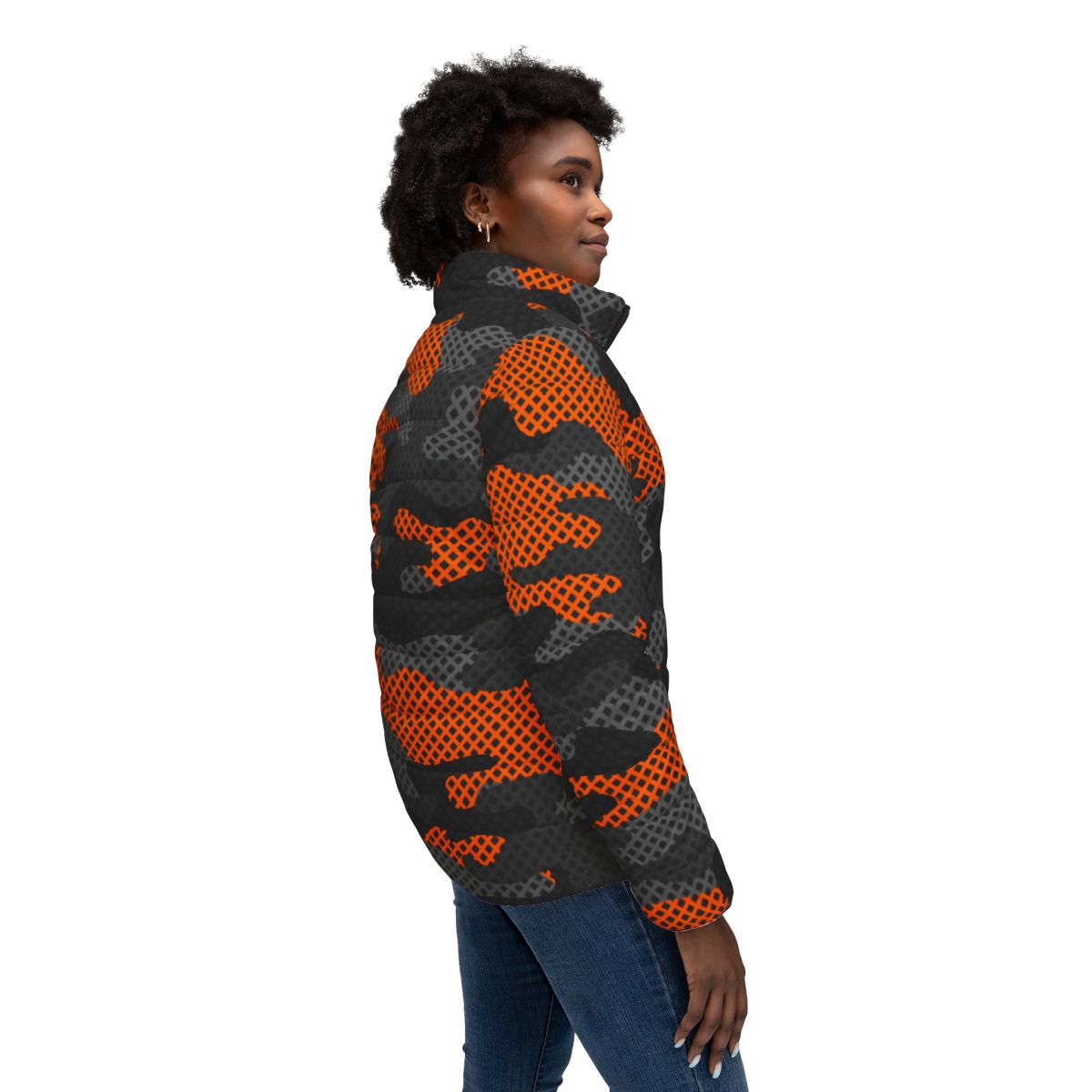 Women’s Camo Puffer Jacket | Black & Orange Pixel Camouflage