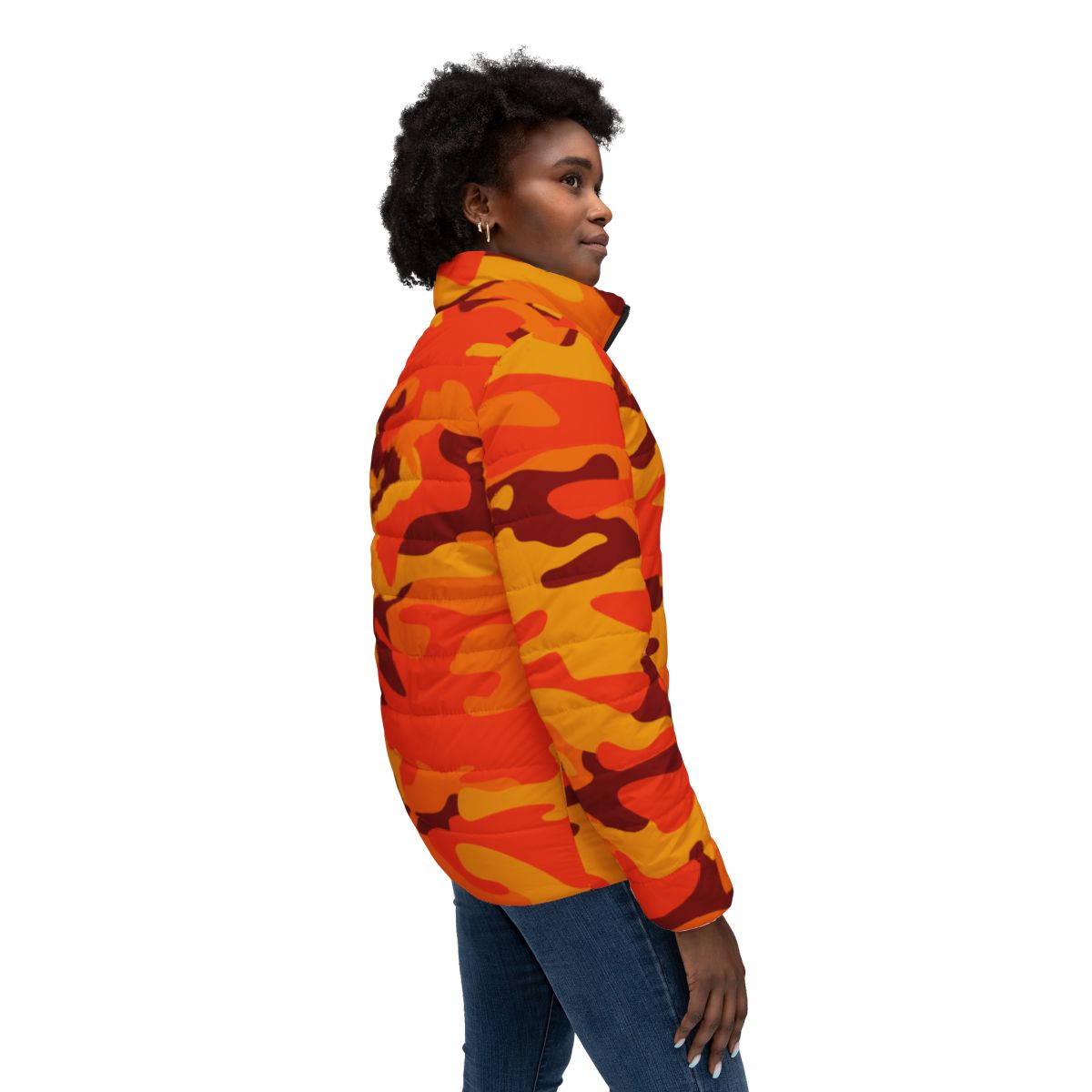 Women’s Camo Puffer Jacket | Orange & Red Camouflage