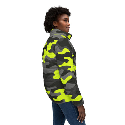 Women’s Camo Puffer Jacket | Black, Gray & Yellow Camouflage