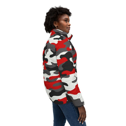 Women’s Camo Puffer Jacket | Red, Black & White Camouflage