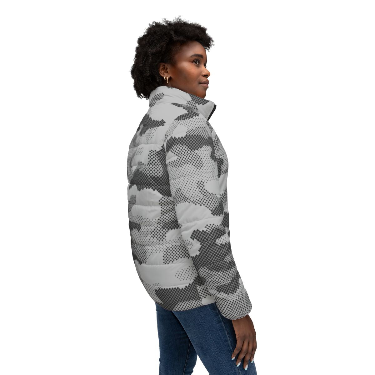 Women’s Camo Puffer Jacket | Black & White Dotted Camouflage