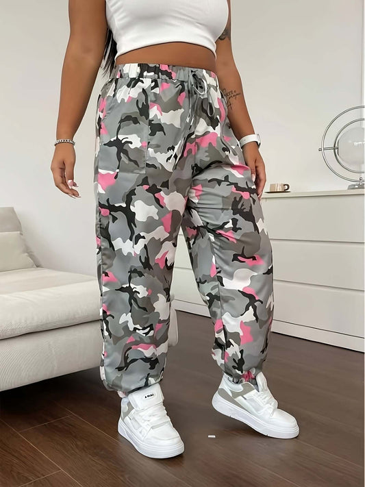 Plus Size Camo Sports Pants with Pockets | Cargo Trousers