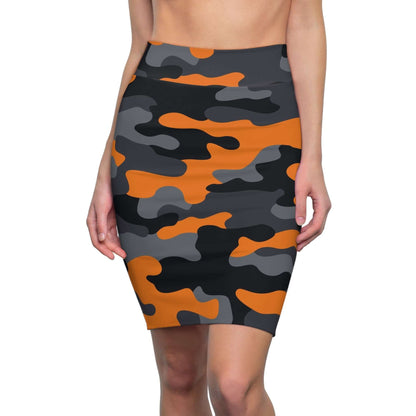 Camo Mini Skirt | Pencil Cut | Orange, Black & Gray