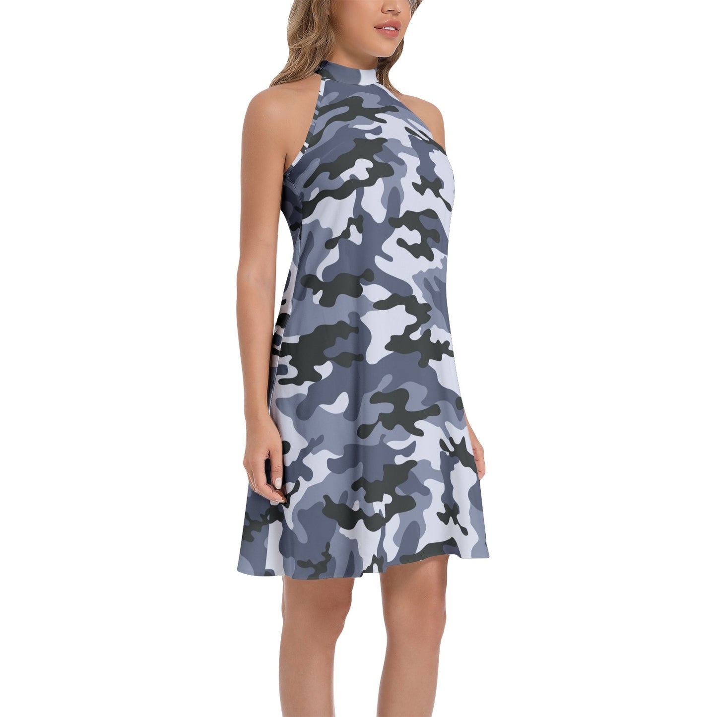 Flared Camo Dress | Halter Neck | Light Blue Camouflage